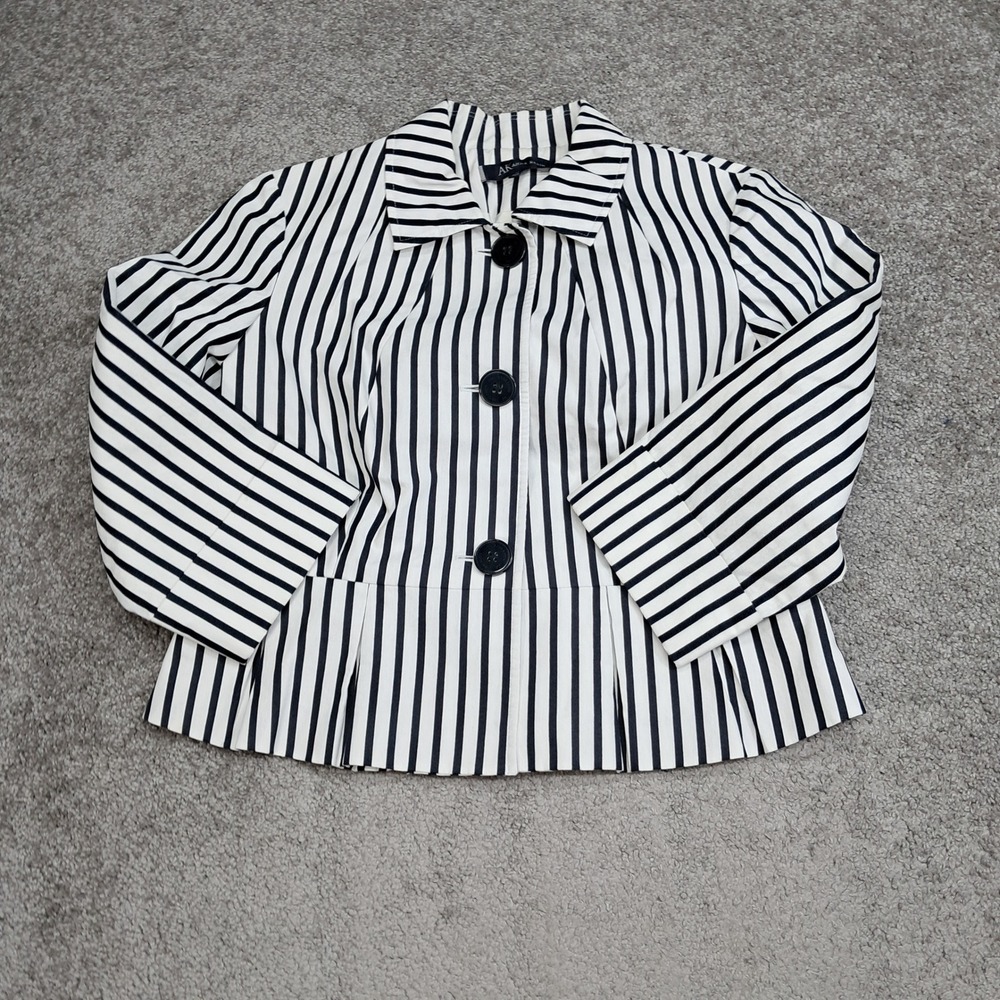 Anne Klein Womens Black White Striped Peplum Blazer Jacket Size 14 7707